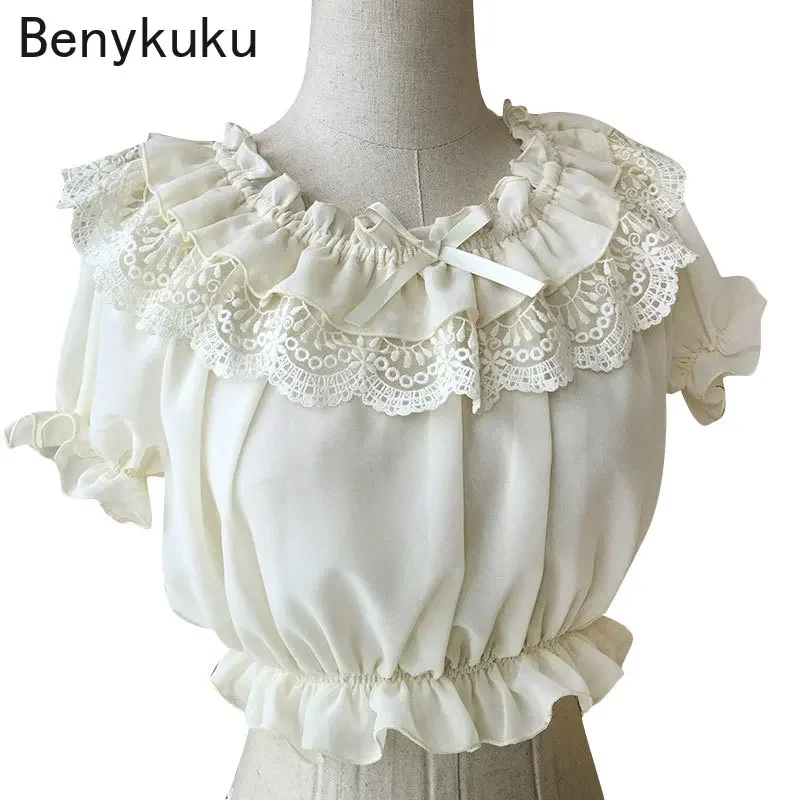 Womens Chiffon Crop Top Short Sleeve Blouse with Lace Detailing Puff Sleeve Lace Ruffles Lolita Blouse Summer Tops Tee Shirt