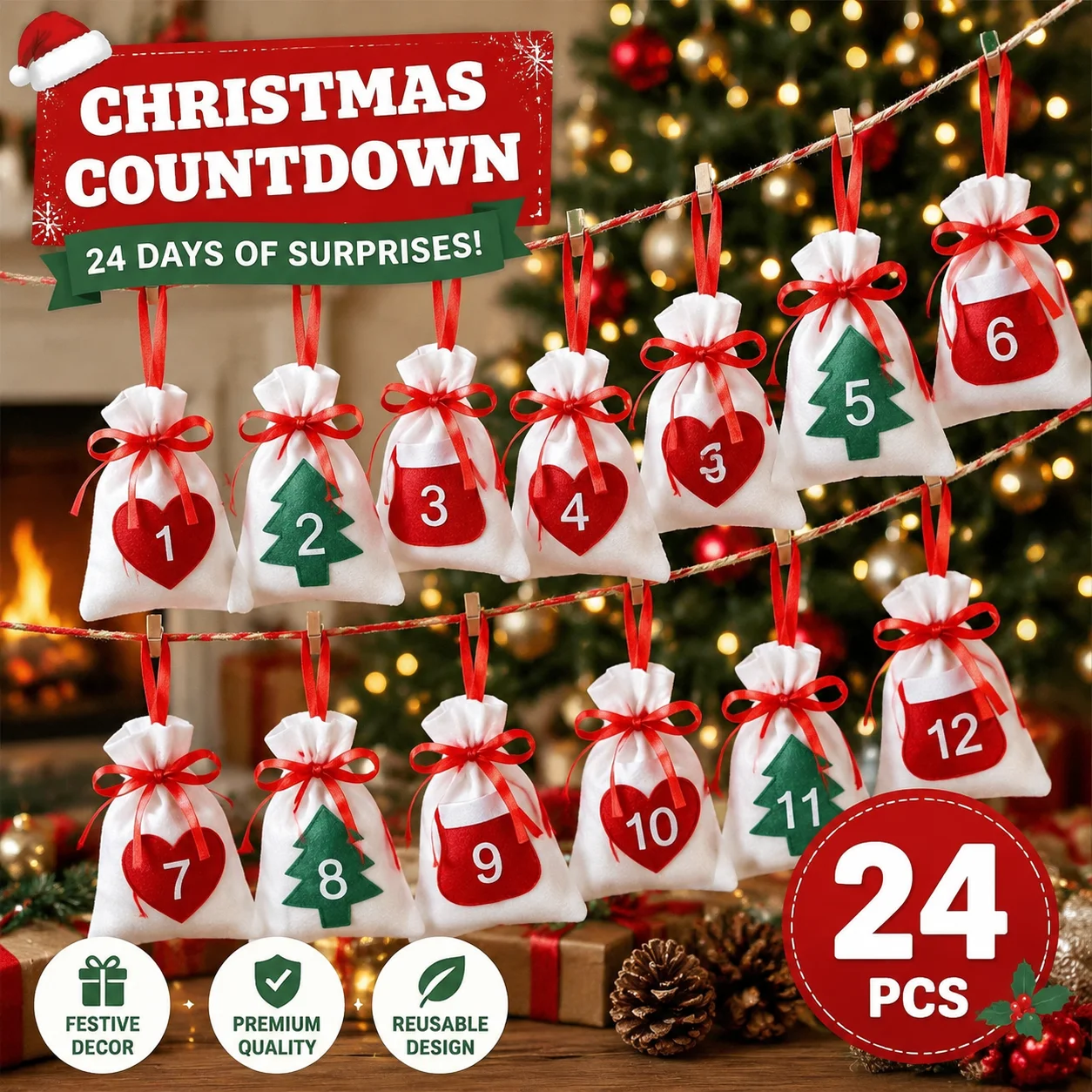 Christmas Advent Calendar Gift Bags 1-24 Number Drawstring Pouch Xmas Countdown Hanging Bag for Candy Treat Gift Home Wall Decor