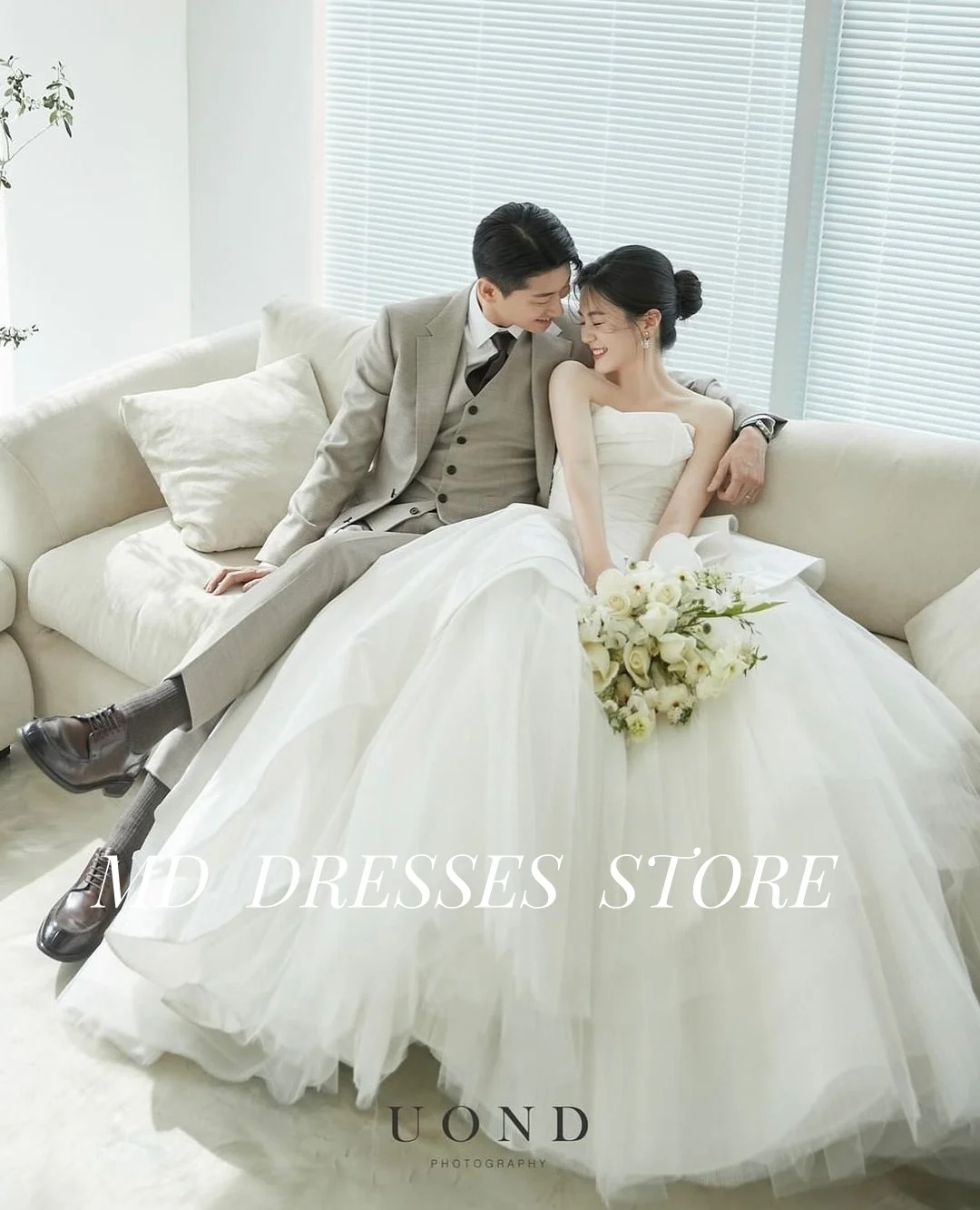 MD Elegant White A-line Wedding Dresses Fairy Tiered Pleat Sleeveless Korea Photoshoot  Floor-Length Brides Dresses  Customized