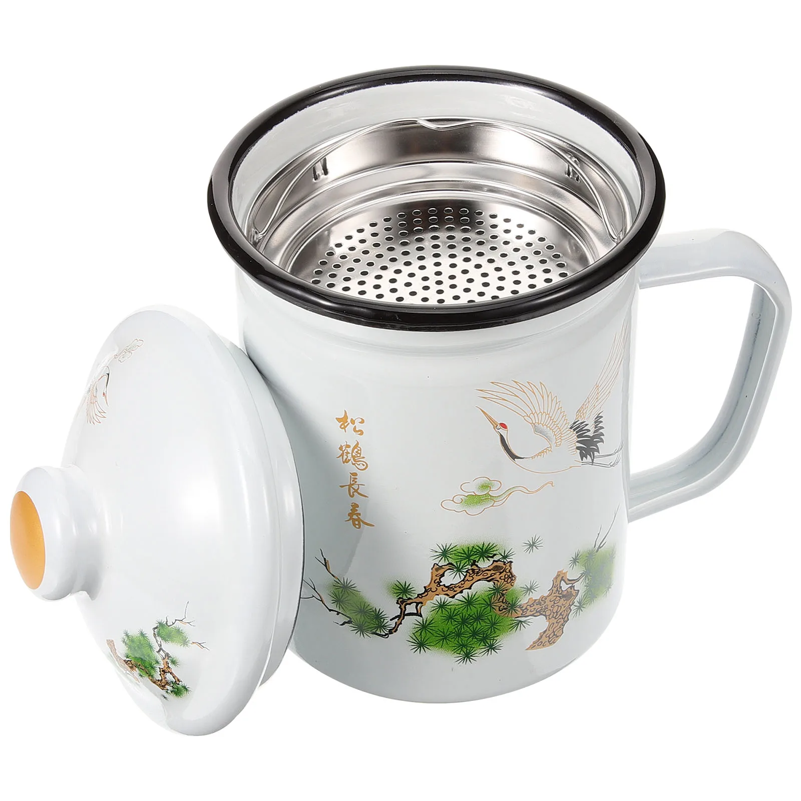 

Enamel with Filter 9cm Yellow Handle Retro Mug for Home Office Enamel Coffee Tea Mug Loose Leaf Tea Drinking Water Cups