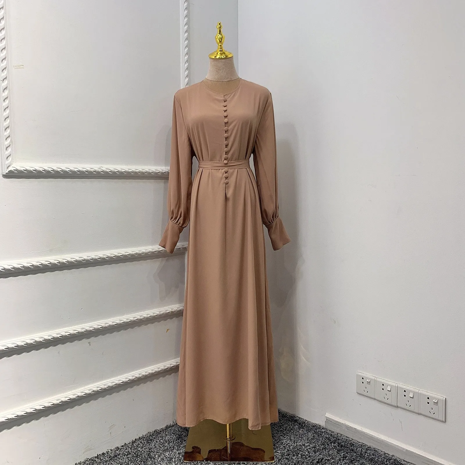 Chiffon Muslim Dress Dubai Turkish Muslim Abayas Solid Color Robes Women Long Sleeve Single Breasted Abays Islamic Clothing