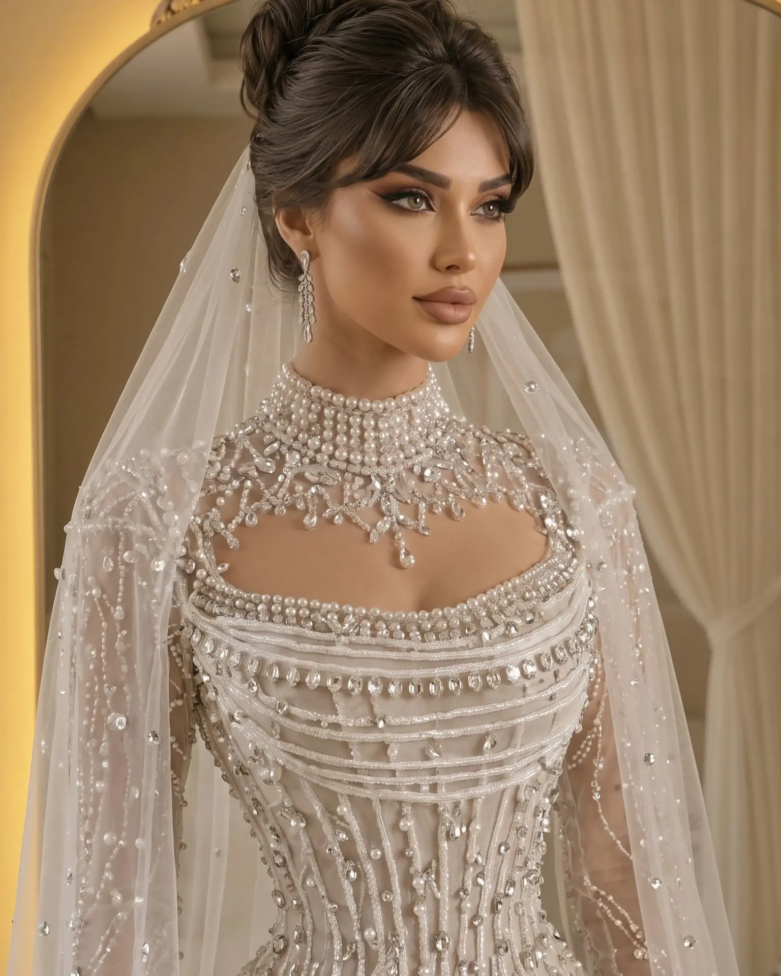 Handmade Mermaid Wedding Dress Luxury High Neck Beaded Crystal Rhinestones Sweep Train Bridal Gowns Customized Vestiods De Novia