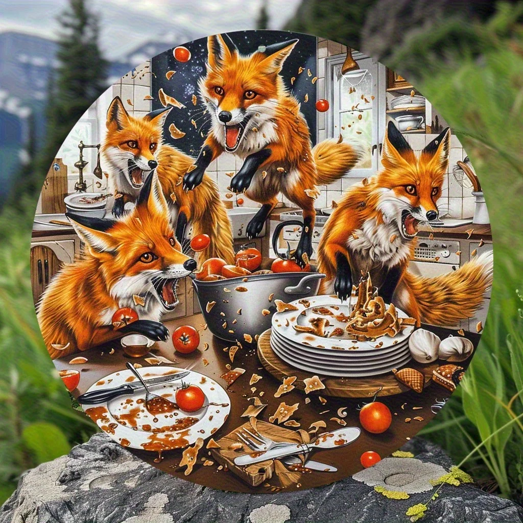 2D Flat - 2D Plane, 1pc 20X20 Cm Round Metal Iron Wall Sign - Fantasy Fox Cooking Comedy Art, Vibrant Kitchen Scene with Pre-Dri
