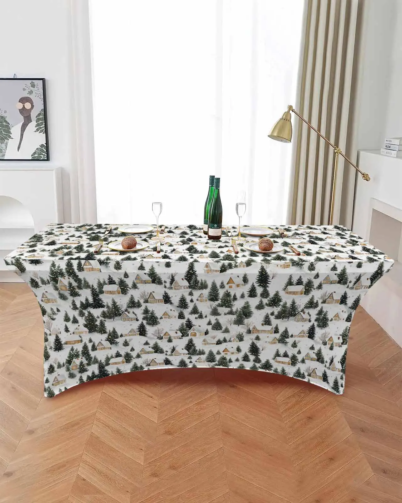 

Snowy Scenery Trees Houses Elastic Table Skirt Wedding Birthday Table Decoration Table Skirt Tablecloth for Party