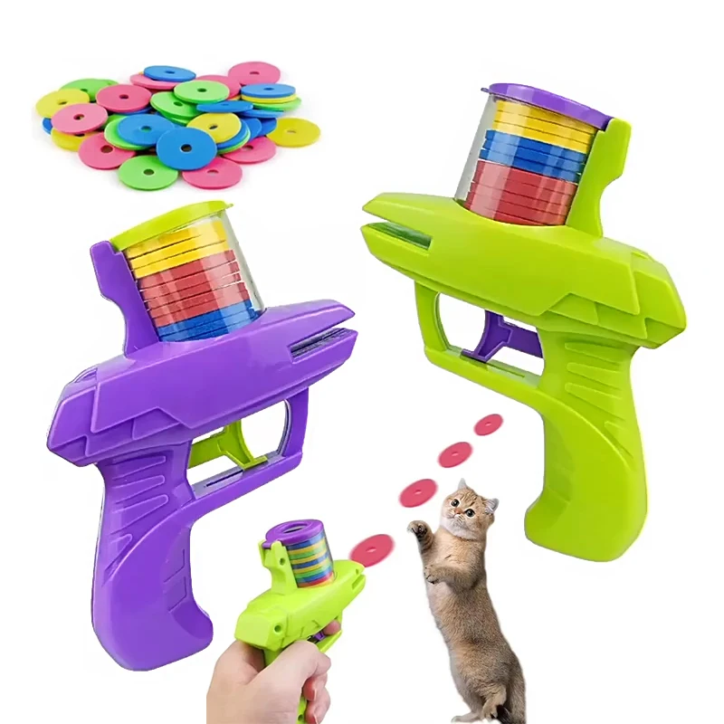 Lustiges Katzenspielzeug, fliegende Untertasse, Pistole mit 15 Stück wiederverwendbaren EVA-fliegenden Untertassen, kreatives Jagdspielzeug, Sicherheit, Katzen, Kätzchen, interaktives Spielzeug