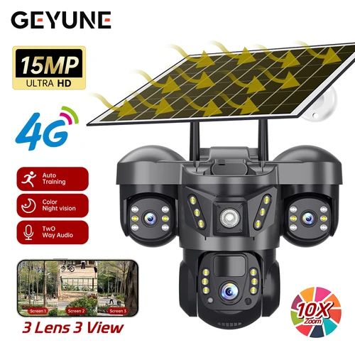 3 レンズ 4G ソーラーカメラ HD 15MP 8K 屋外 PTZ 防水ナイトビジョン双方向オーディオ V380 カメラモバイル追跡 CCTV IP カメラ