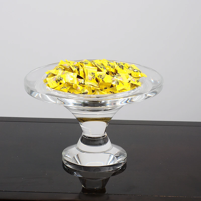 European Modern Clear K9 Crystal Fruit Tray Round With Bottom Base For Home Kitchen Tabletop Decoration Candy Dessert Plate