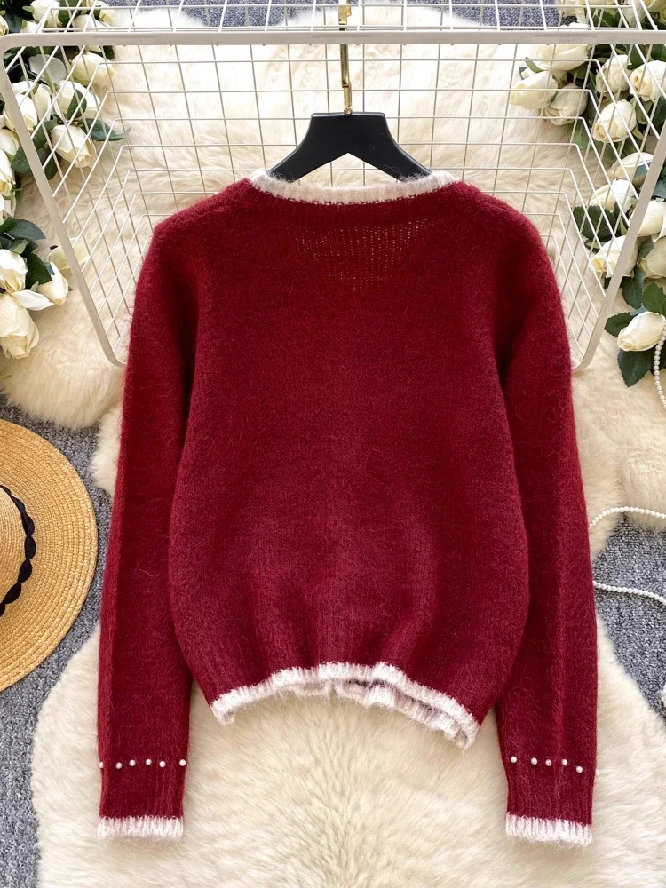 Kardigan Rajut Wanita Model O-Neck Mutiara Vintage, Pakaian Musim Gugur, Fashion Korea, Sweater Kancing Tunggal, Atasan Wanita