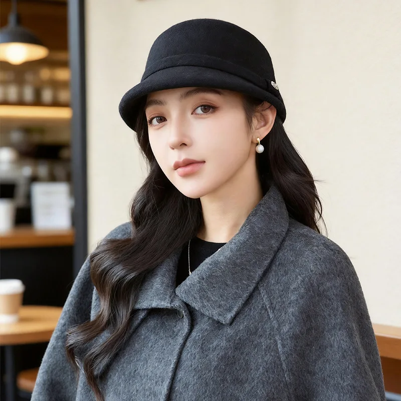 Wool Blend Women's Cloche Hat with Short Brim Dome-Shaped Crown and for Vintage-Inspired Metal Button Decoration
