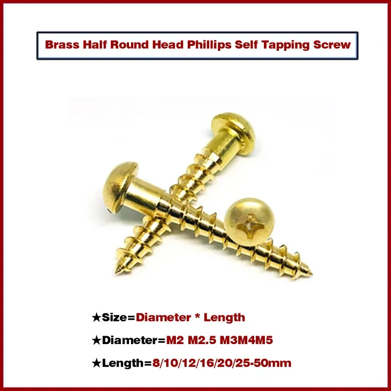 Solid Pure Brass Half Round Pan Head Self Tapping Screws Cross Philips Drive M2 to M5