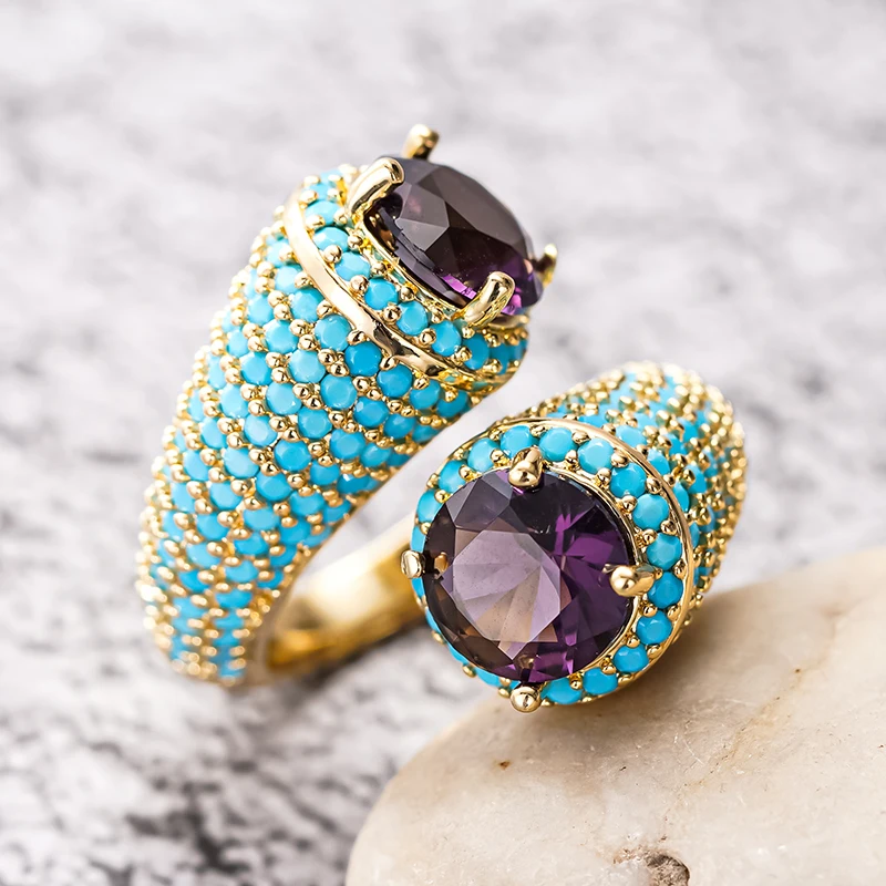 Huitan Bohemia Blaue Türkisringe für Frauen Luxuriöse Charmante Lila Kubische Zirkonia Goldfarbene Ringe Täglicher Party-Schmuck Geschenk – Detail 6