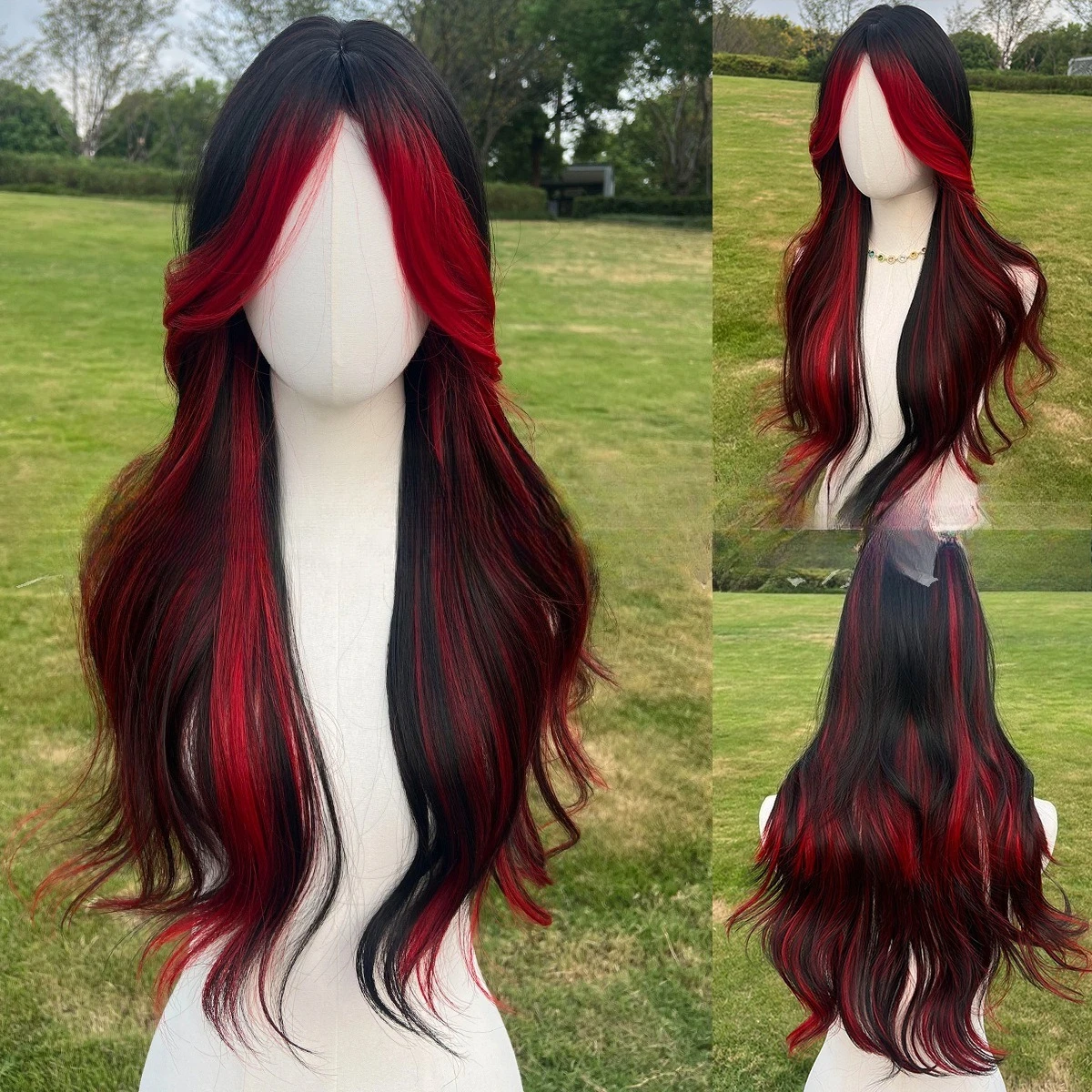 

European and American wig women are divided into eight-character bangs, fashionable full head cover, colorful red highlights, lo