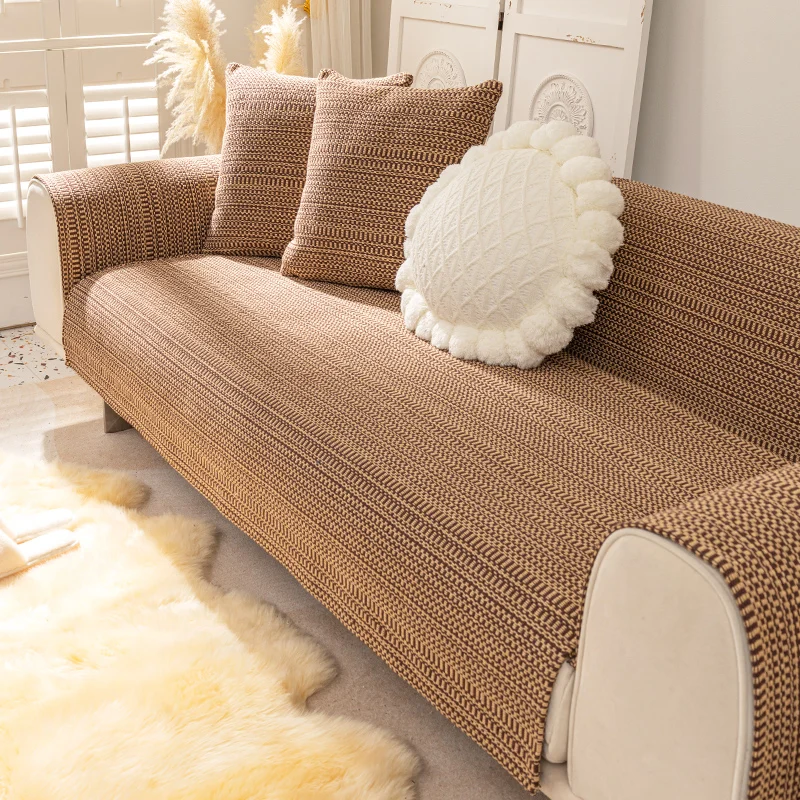 Coffee Color Sofa Cushion Four Seasons Cotton Linen Solid Wood Sofa Cover Chinese Style Mahogany Non-slip Linen Sofa Towel Cover