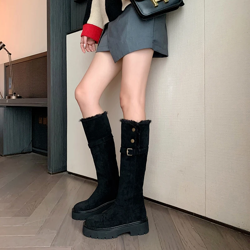 MORAZORA Cow Suede Leather Boots Women Slip On Wool Warm Winter Knee High Boots Handmade Ladies Platform Snow Boots Shoes