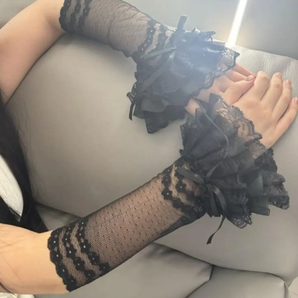 Lolita Style Hollow Out Lace Fingerless Gloves Bowknot Ruffle Trim Lace Arm Sleeves Elastic Yarn Long Hand Sleeves Cosplay Event