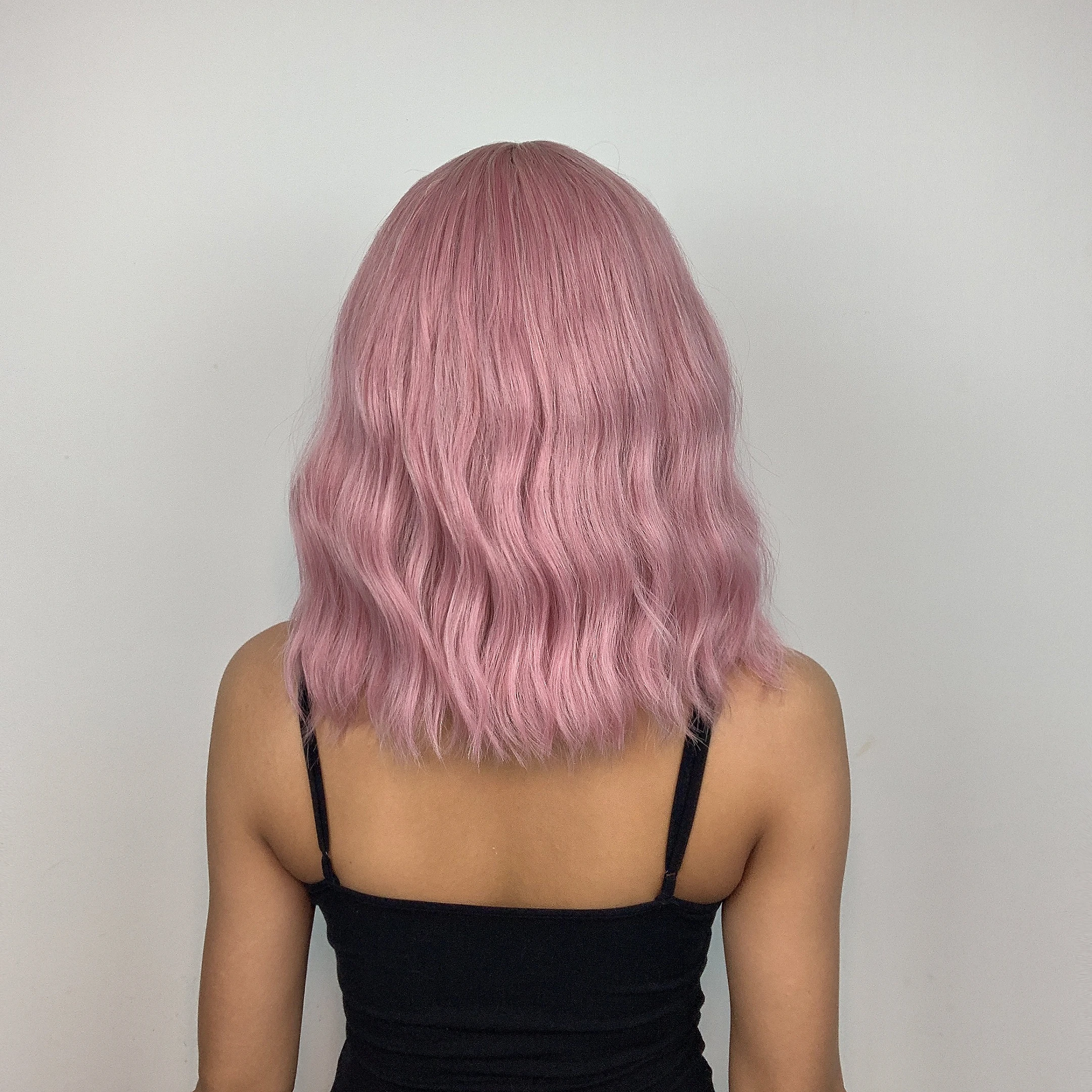 Pink Short Bob Cosplay Lolita Synthetic Wigs Water Wavy Hair Wig with Bangs for Women Natural Heat Resistant Halloween Party Use