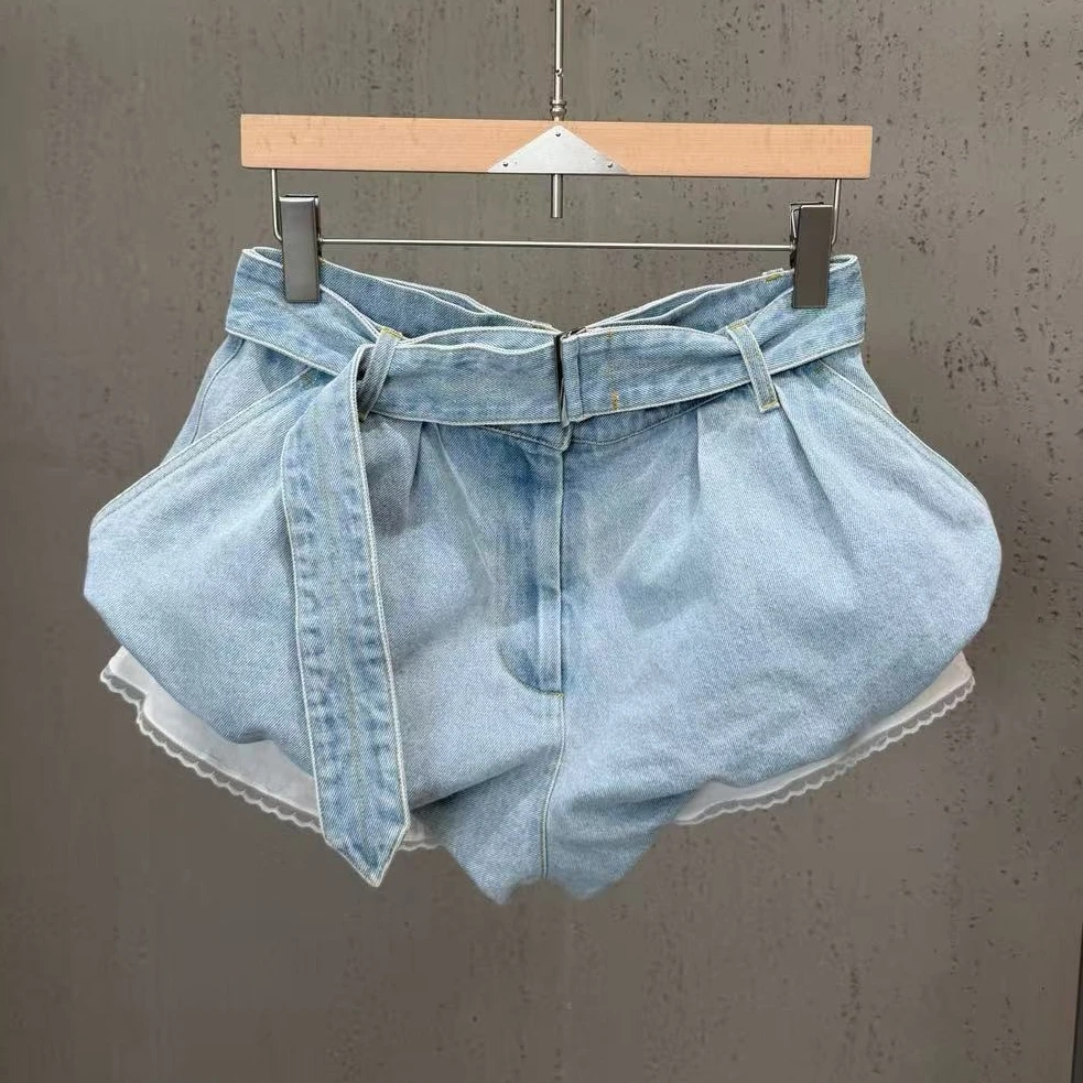 

2026 Lace Patchwork Denim Shorts with Belt, Washed and Distressed Easiest for Match Belt Buds Summer Shorts for Women