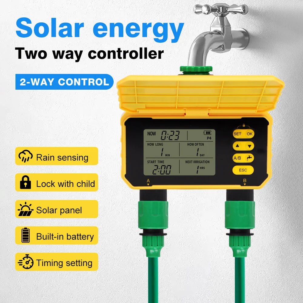 

LCD Display Solar Irrigation System 1/2/4 Outlets Timed Watering Device Programmable Rain Delay Irrigation Controller for Garden