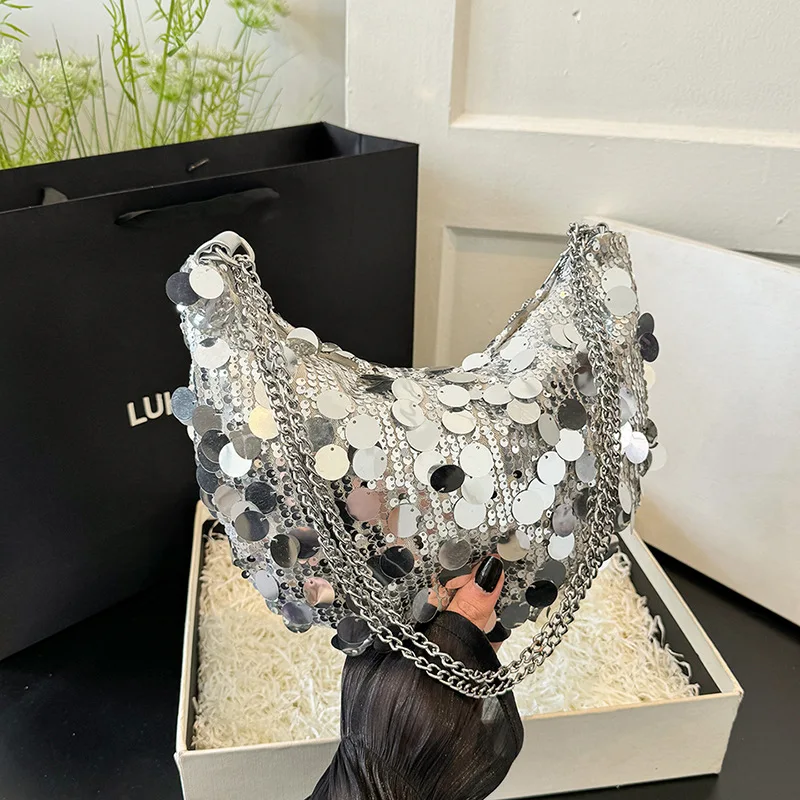 2024 Trendy New Sequin Dumpling Bags Classic Fashion Big Capacity Tote Handbags For Women Silver Color Chain Shoulder Bag Summer