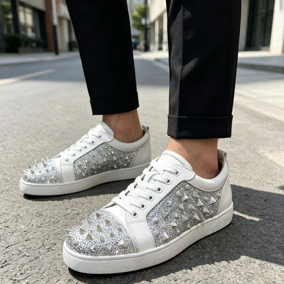 Men's White Leather Rhinestone & Studded Low-Top Sneakers, Sparkly Crystal Panel Casual Shoes for Party & Streetwear