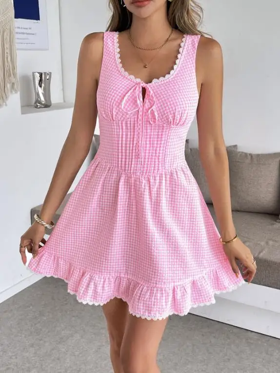 

New Holiday Sweet Girl Style Mini Dresses Female Daily Clothing Summer Women's Sexy Lace Bow Sleeveless Dress
