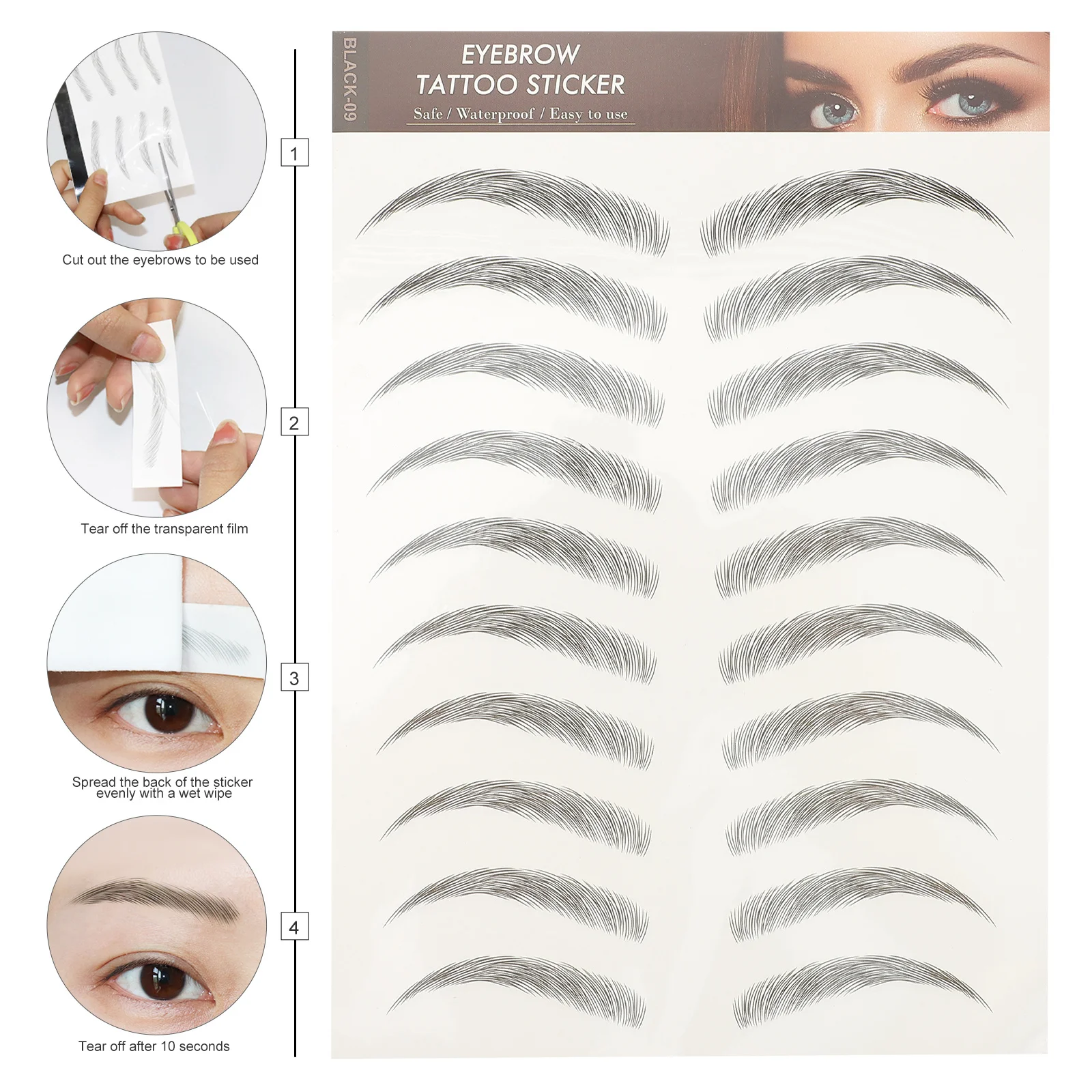 12개 방수 눈썹 스티커 3D 헤어 같은 가짜 눈썹 매끄러운 블렌드 자연스러운 눈썹 강화제 초보자 여성용