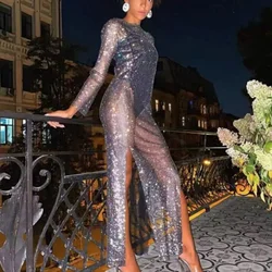 European and American Sexy Round Neck Rhinestone Dress Long Skirt Banquet Sparkling Slit Long Sleeve Color Diamond Hollow Dress