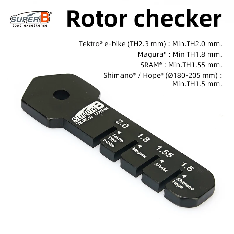 

Инструмент для ремонта велосипеда Super B. Проверка ротора. Проверьте изношенный ротор. Легко против минимальной толщины для замены TB-RC10.