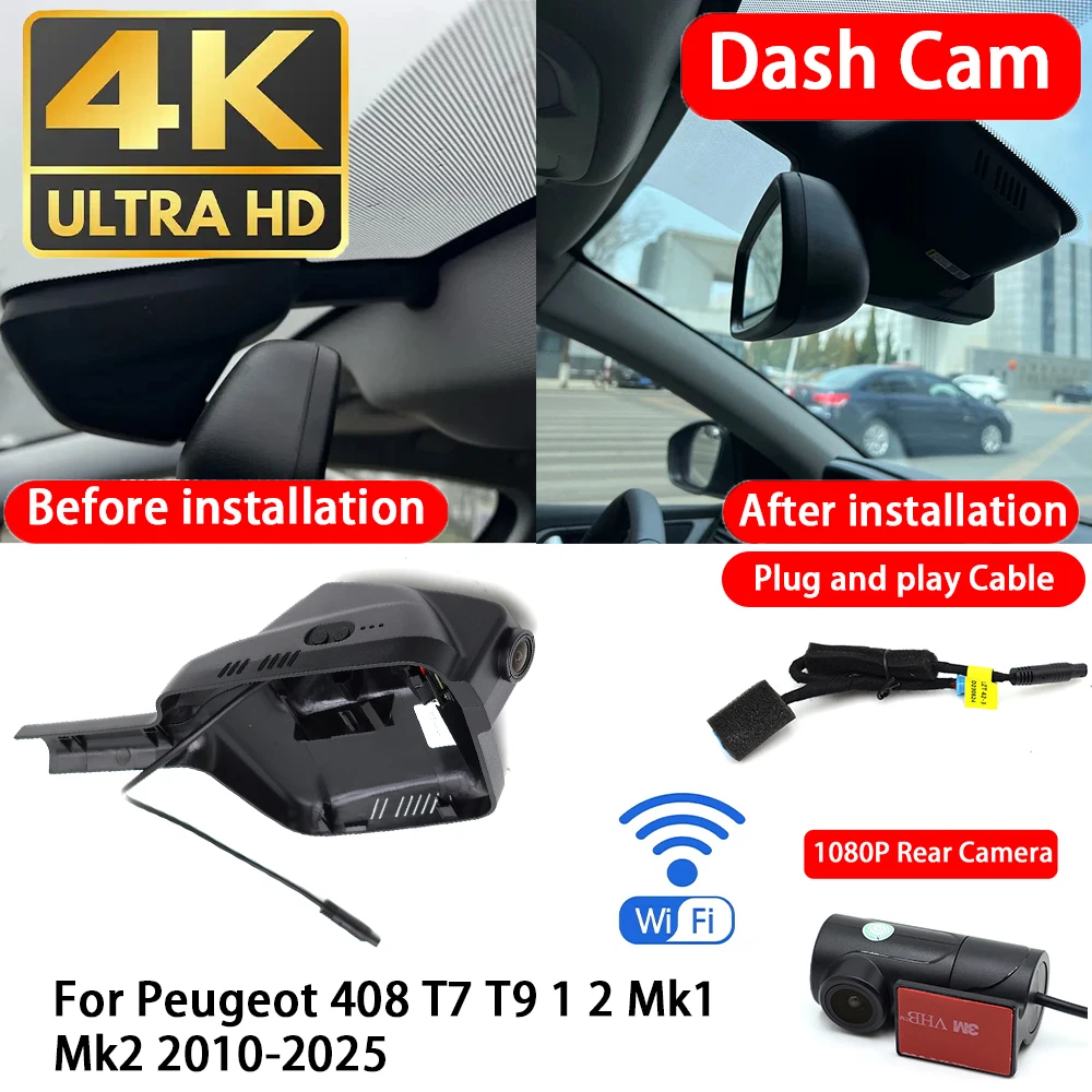 Cámara para Auto Peugeot 408 T7 T9 1 2 Mk1 Mk2 2010-2025, 4K 2160P, Cámara Delantera y Trasera, DVR, Wifi, Plug & Play, Grabadora de Video