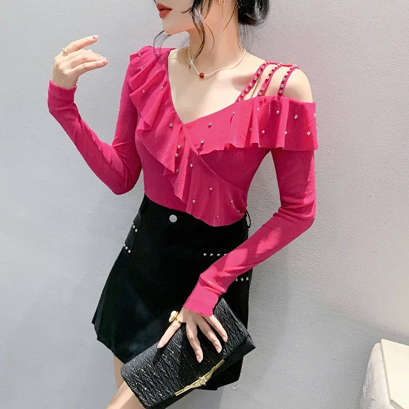 New Shirts Autumn Long Sleeve V-Neck Women Blouse Office Lady Ruffes Rivet Blouse Shirt Women Tops Blusa Blusas Para Mujer D94