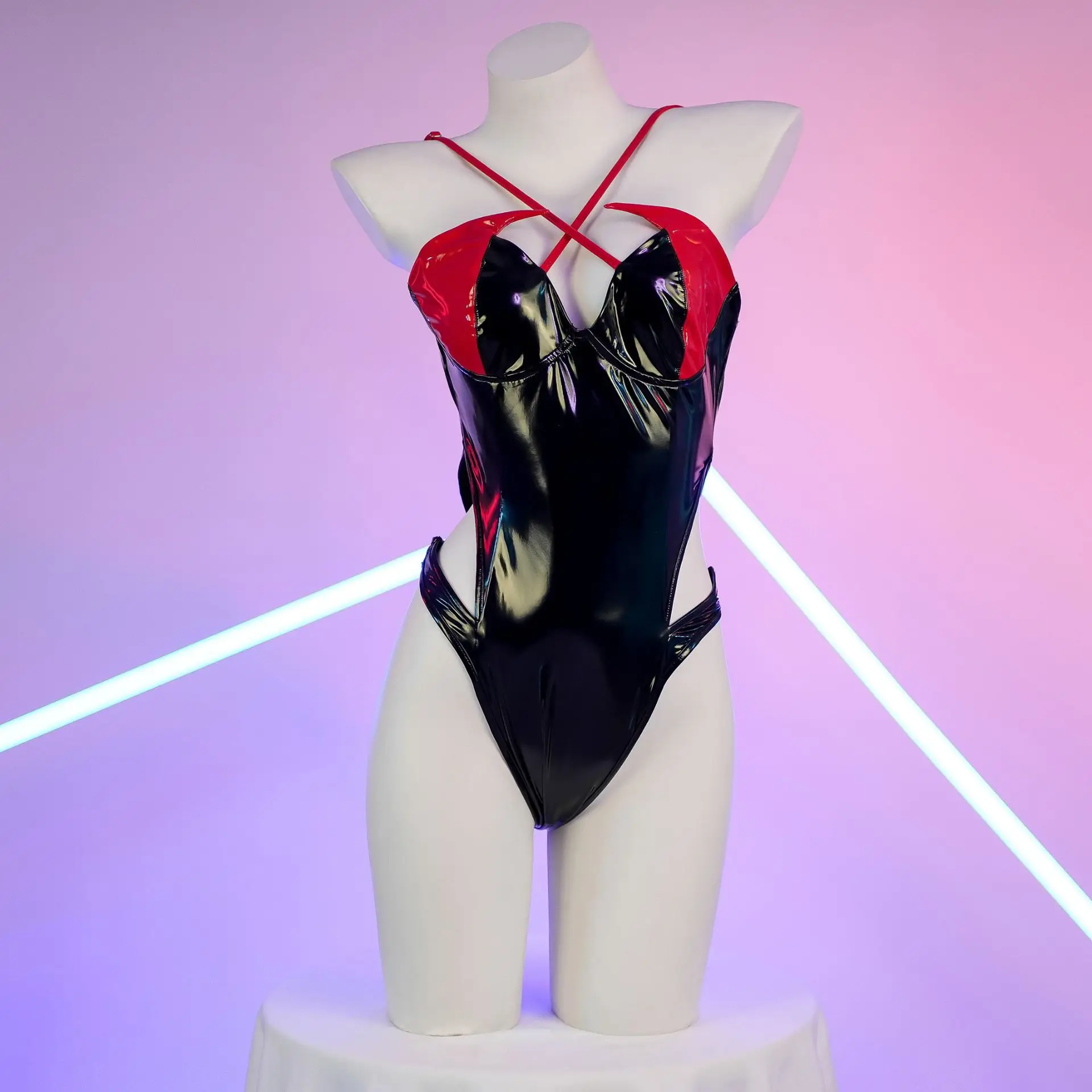 

Sexy High slit Patent leather Backless Halter Underwear Jumpsuit Cosplay Costume Girls Women Uniform Temptation JK