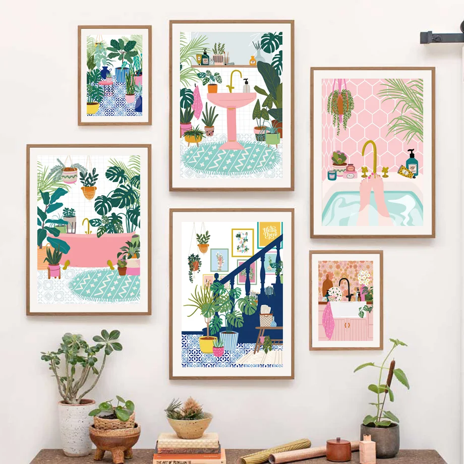 Boho Pop Art Wall Art Prints Bathroom Green Plant Canvas Painting Bathtub Sink Scene Poster Living Room Bedroom Dorm Home Decor