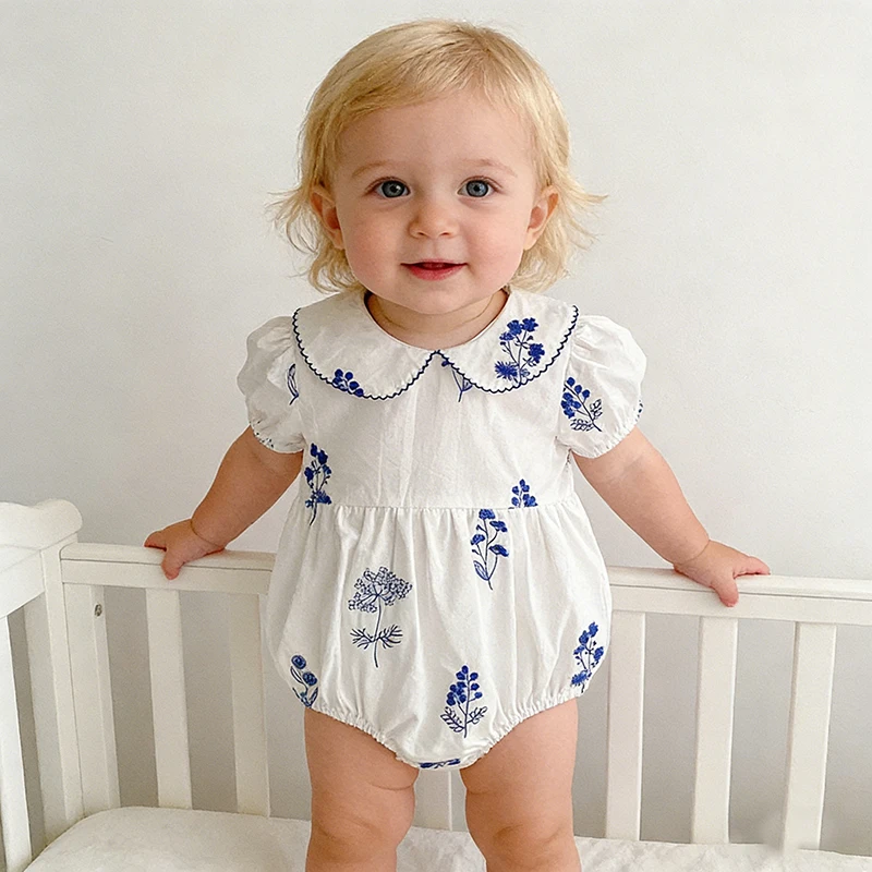 Sommer Neu 0-24M Bodysuit Puffärmel Baby Mädchen Kleidung Mädchen Retro Peter-Pan-Kragen Jumpsuit Kinder-Stil Strampler – Detail 13