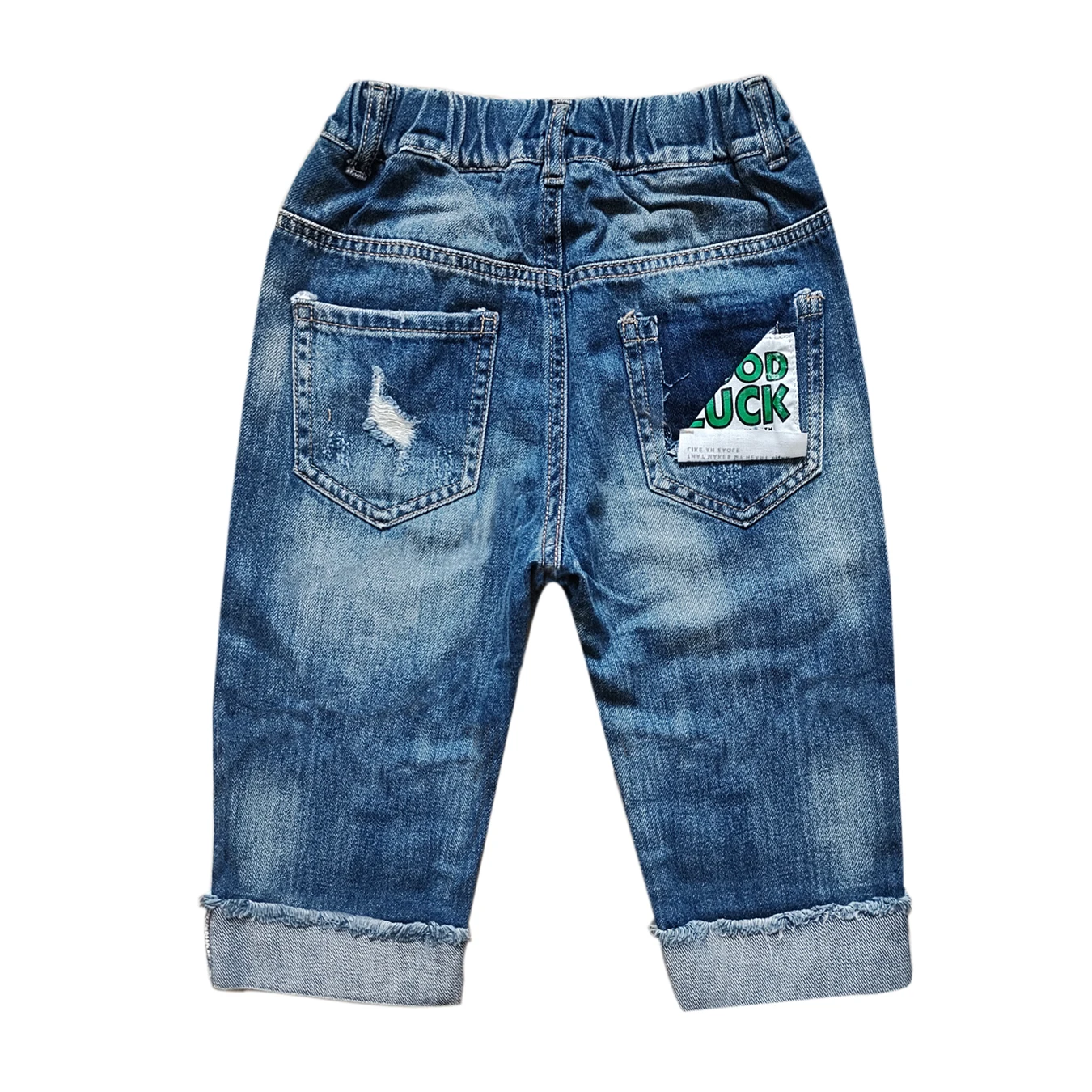 5083 elastic waist ripped  summer boys shorts kids jeans children shorts 70% length hole soft denim