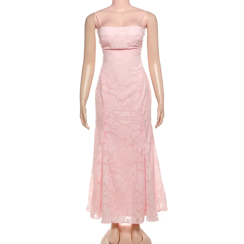 섹시한 이브닝 파티 드레스 여성 2025 여름 비치 맥시 롱 드레스 레이스 홀터넥 큰 스윙 백리스 핑크 휴가 베스티도스