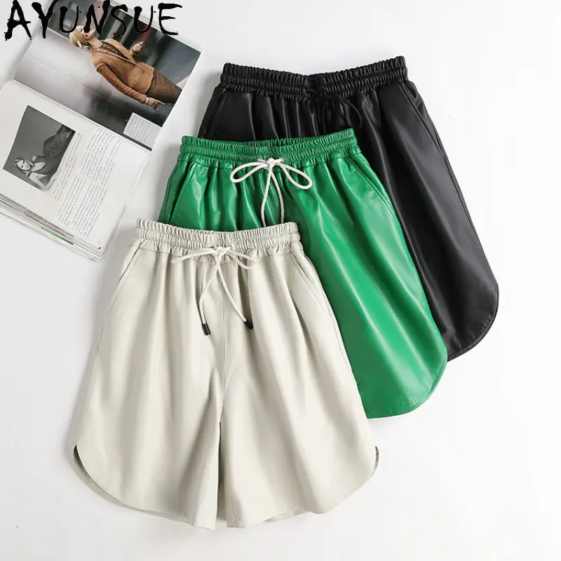 

AYUNSUE Genuine Sheepskin Leather Pants Women Elastic Waist Real Leather Shorts for Women High Waist Wide Leg Pants Outwears SGG