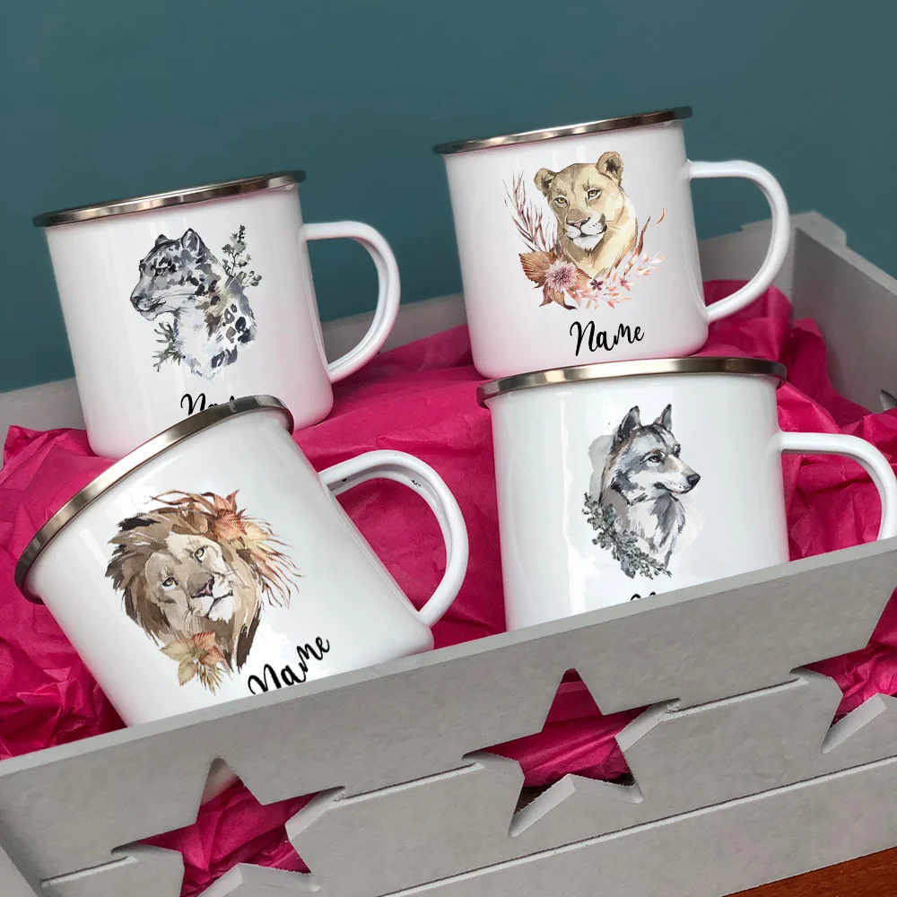 

Personalised Name Animal Print Coffee Cup for Women Gift Custom Camping Mug Cute Deer Lion with Name Enamel Gifts for Kid