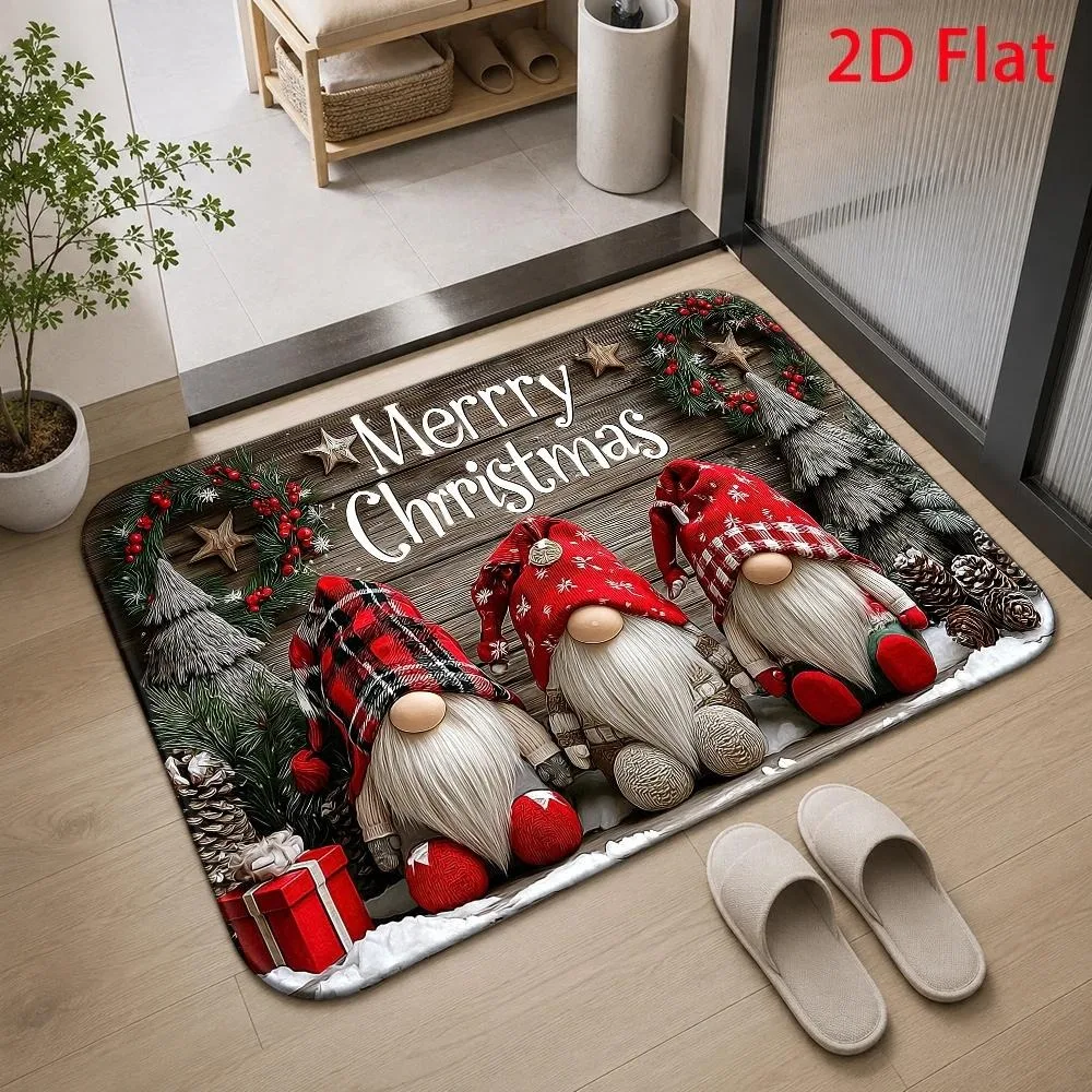 Xmas Gnome Dwarf Doormat Plaid Hat Pine Cone Box Print Decorative Floor Mat Festive Winter Rug for Indoor Front Door Home Use