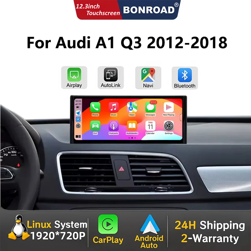 BONROAD, schermo touchscreen da 12,3 pollici con sistema Linux, CarPlay wireless e Android Auto per Audi A1 e Q3 (modelli 2012-2018), dotato di navigazione GPS, MirrorLink e Airplay, autoradio per