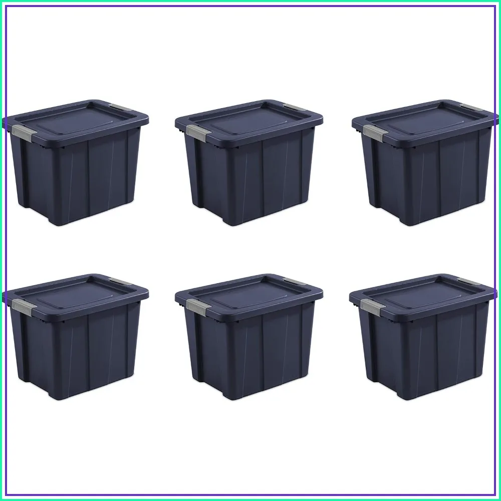 18 Gallon Latching Storage Tote, Rugged Plastic Bin, Dark Blue, 6 Count