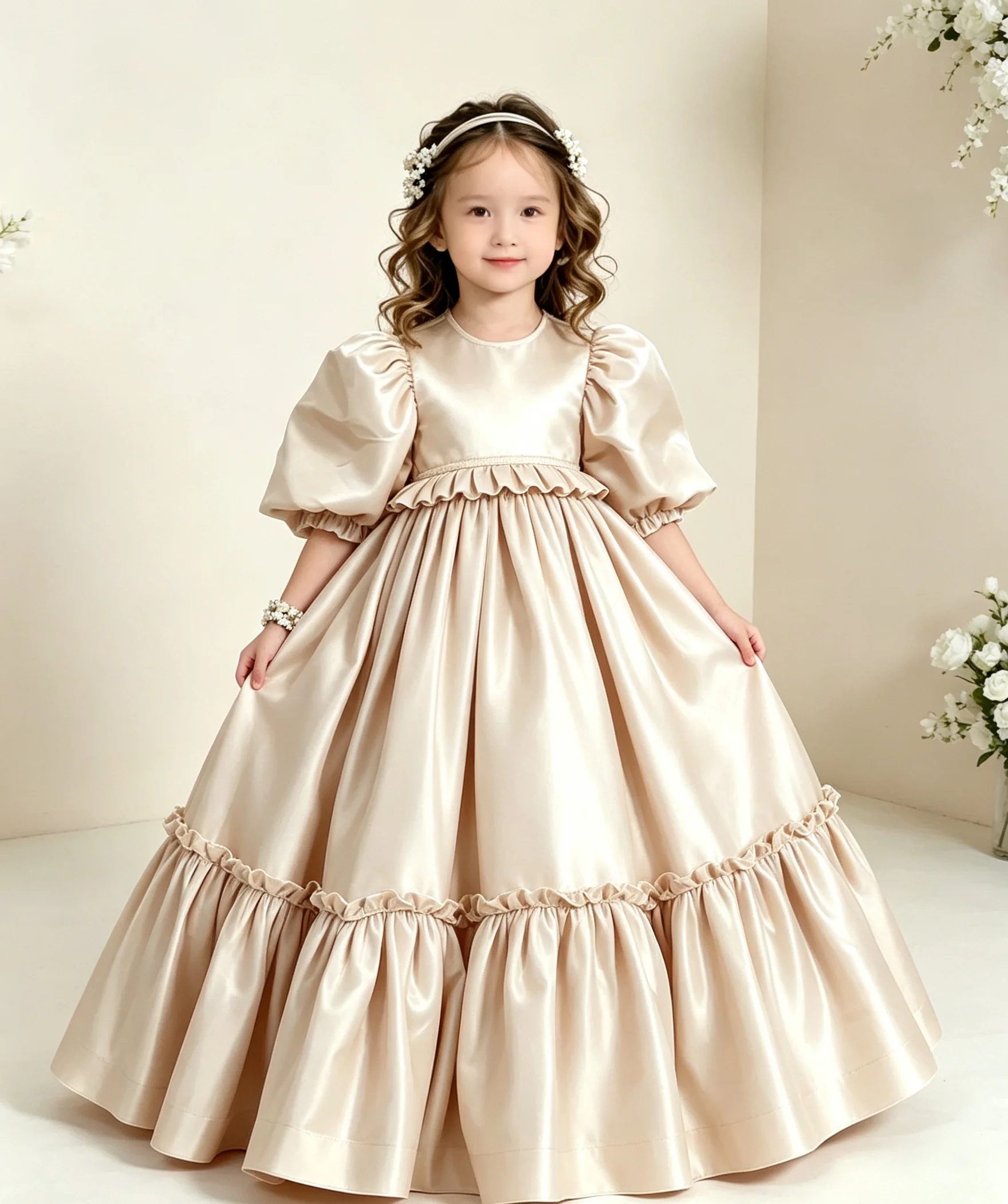 Classic Customized Satin First Communion Ball Gown Flower Girl Dresses for Wedding High Waist Floor Lenght Girls Birthday Dress
