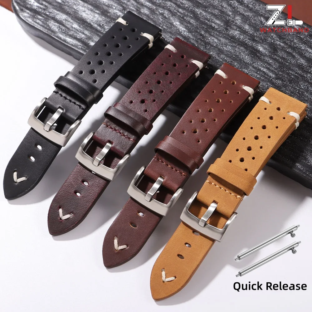 Breathable Genuine Leather Quick Release Watch Strap 20mm 22mm Oil Wax Cowhide Band Available Black Red Brown Yellow Watchbands