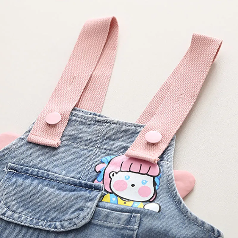 2024 Autumn 2pcs Cute Baby Girl Outfit Cartoon Print Patchwork Blouse Winglet Denim Overalls Fashion Kids Sets