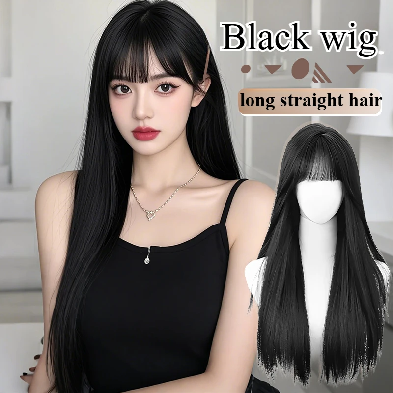 

Black Wig for Woman Long Straight Hair Wig with Bangs Headband Wigs Lolita Natural Looking Synthetic Wigs for daily use cosplay