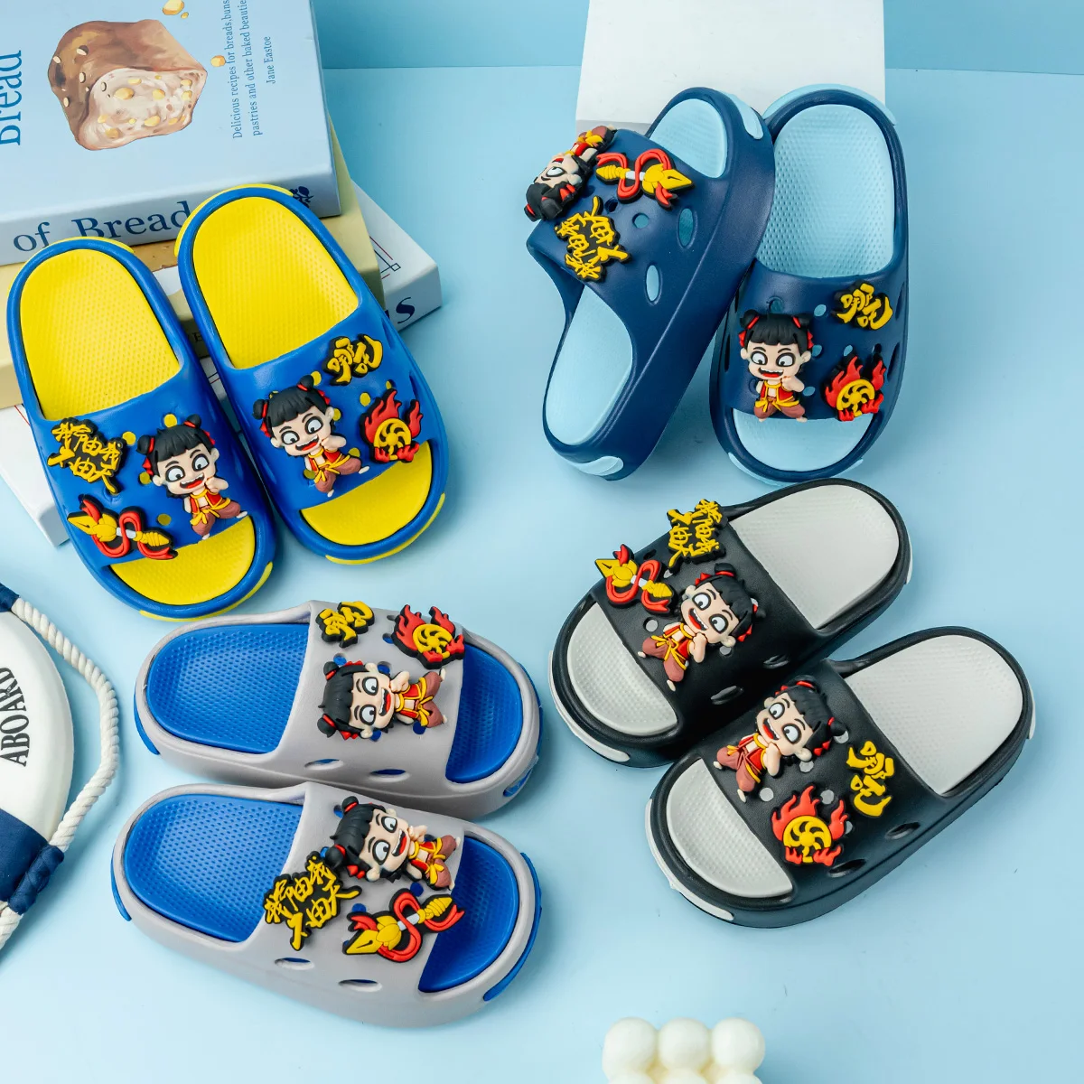 

New Popular Cartoon Dual Nezha Versatile Eva Slippers for Boys and Girls, Fashionable Dual-Color Soft-Soled Non-Slip Sandals 831