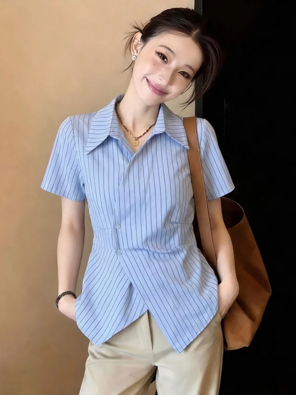 

Light Blue Striped V-Neck Short Sleeve Irregular Hem Shirt Women's plus Size Korean Style Commute Fashion Spring Summer New A...
