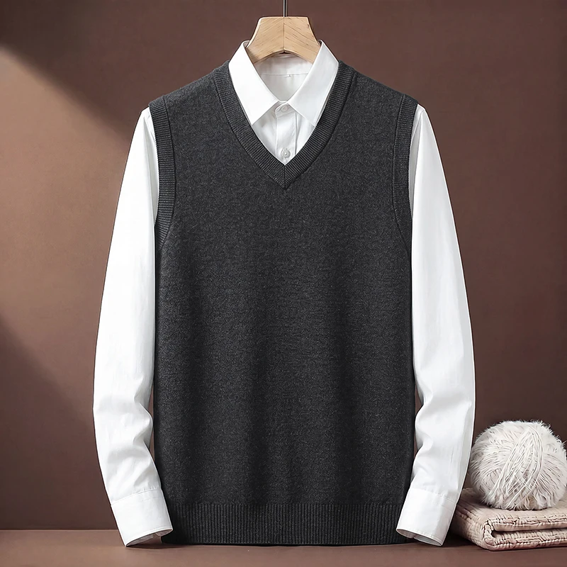 Herren V-Ausschnitt Einfarbige Strickweste Ärmellose Strickjacke Business Casual Slim Fit Pullover Tank Top Winter Warme Strickware – Detail 14