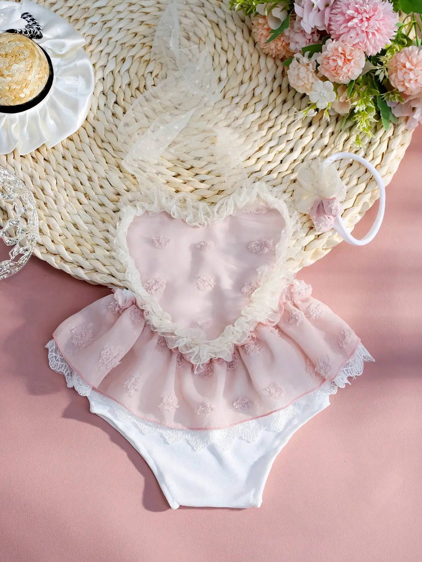 Ylsteed Dusty Pink Newborn Baby Girl Photoshoot Outfits Heart Shape Chiffon Skirt Romper with Headband Infant Picture Props