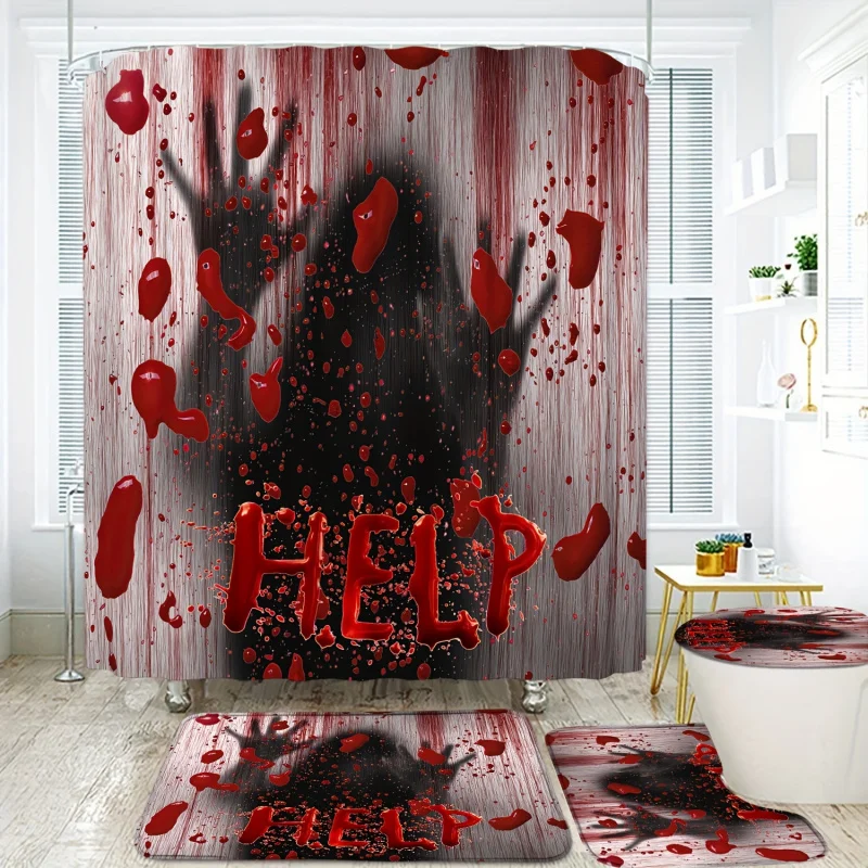 4pcs Horror Shadow Pattern Shower Curtain Set, Waterproof Bath Partition Curtain With Hooks, U-shaped Mat, Toilet Cover Mat, Mem