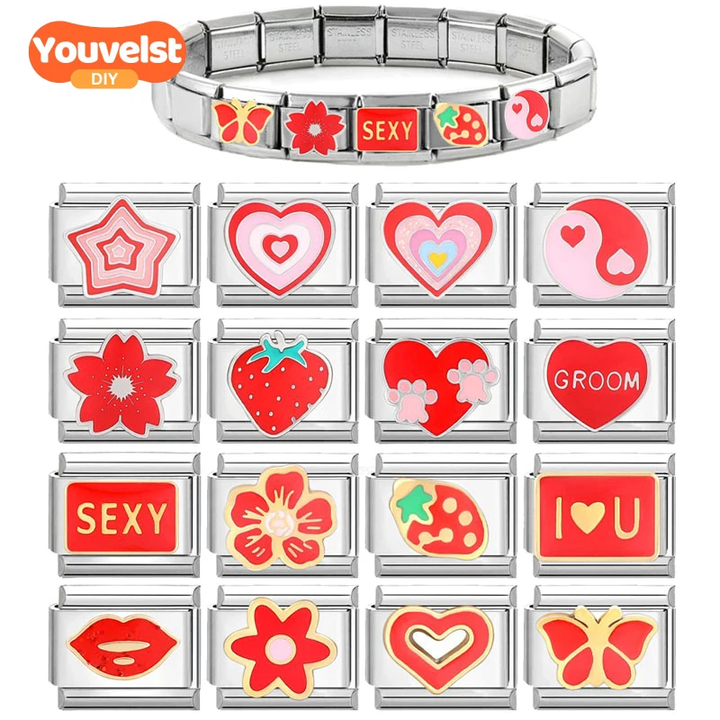 

Youvelst Fashion Red Series Butterflies Love Stars Italian Charm Links Fit 9mm Bracelet Stainless Steel DIY Jewelry Making
